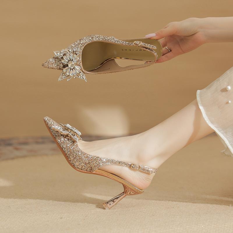 7521-7 [sheepskin] High-heeled Wedding Shoes Women's Thin Heels 2025 New Pointed Sandals Rhinestone Bow Shoes