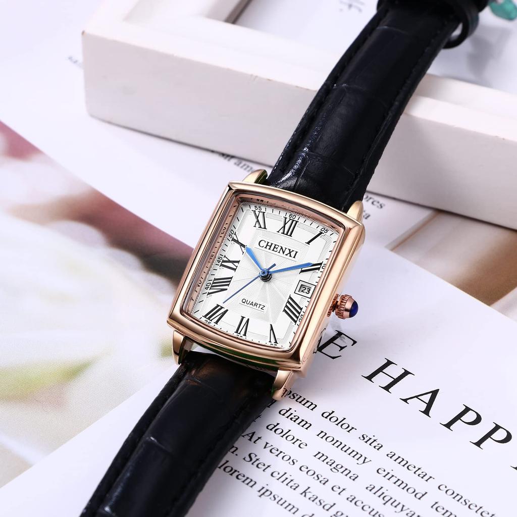 Women's Leather Strap Watch with Roman Alphabet, Analog Display, Calendar, 3ATM Water Resistance, Square Design, Popular Antique Style, Black,