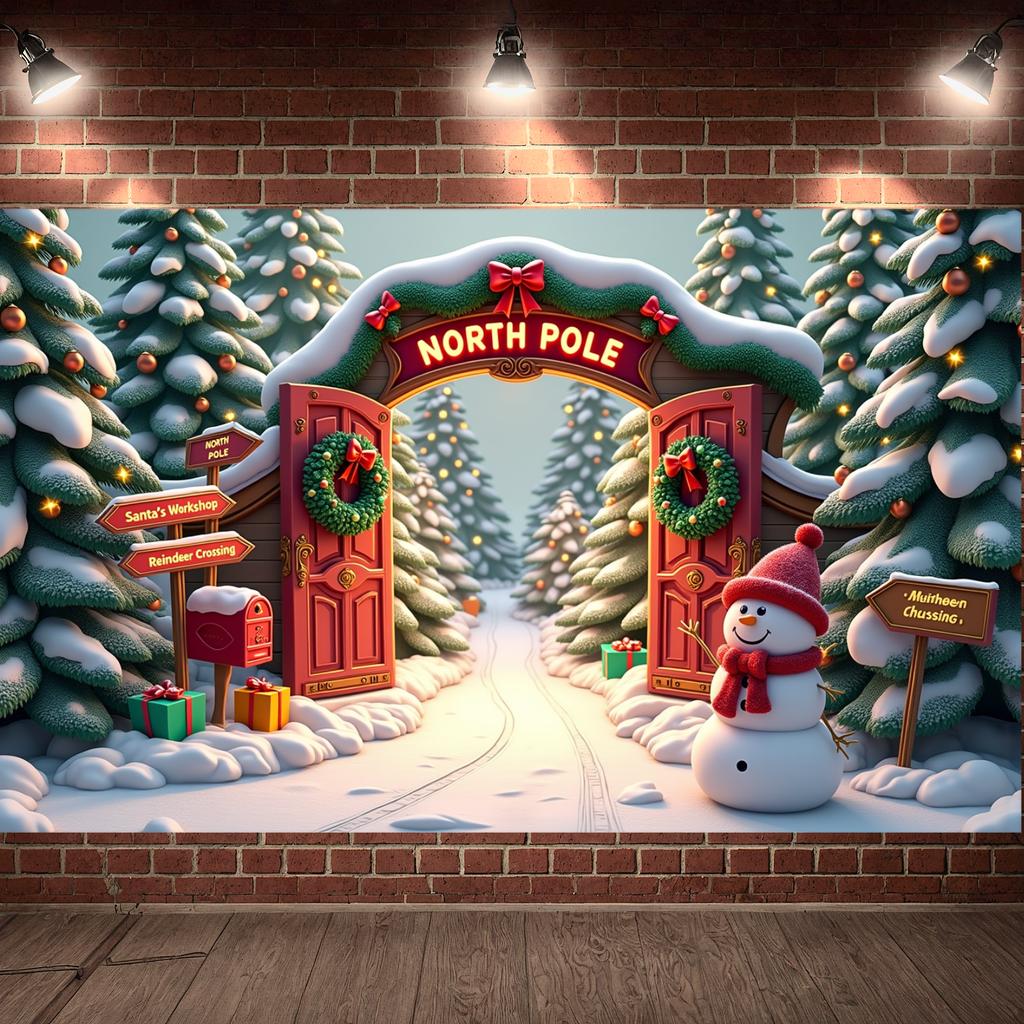 Holiday Celebration Background Holiday Archway Christmas Display North Pole Banner Snow-Covered Trees Winter Scene Display