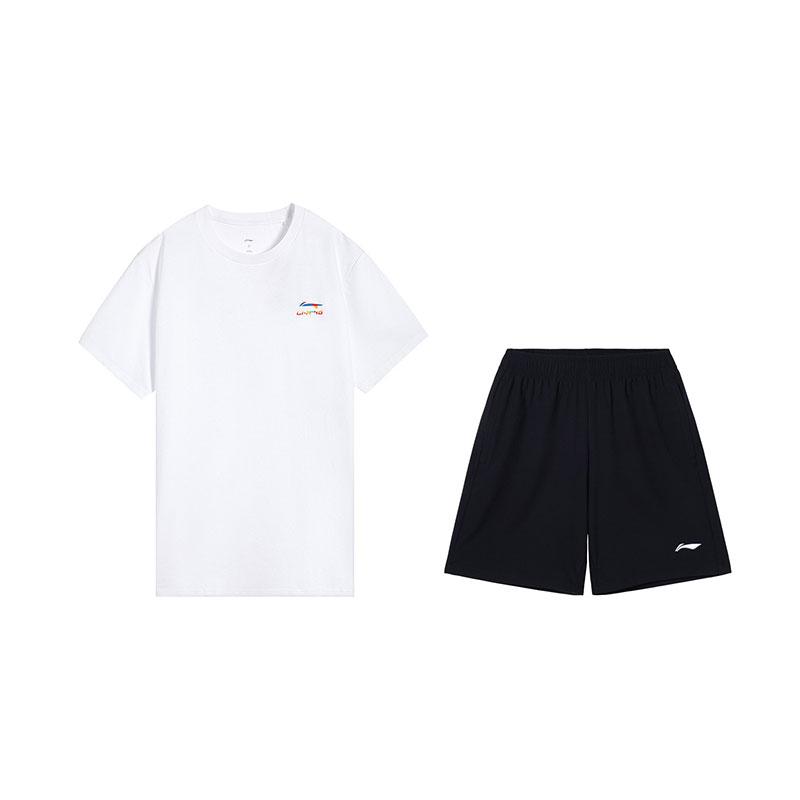 

Li-Ning Fashionable Versatile Soft Cotton Short Sleeve Comfortable Shorts Casual Sports Suit Men suit Standard-White Black W871-2+W685-1 S
