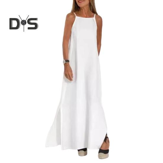 

Летнее хлопковое льняное платье макси для женщин на тонких бретельках без рукавов длинное платье повседневный струящийся раздельный пляжный сарафан XL белый