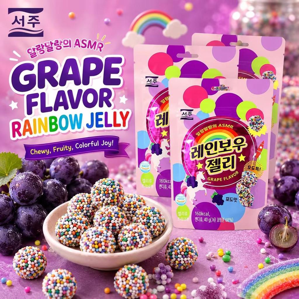 Gominolas SEOJU Sabor Uva Arcoíris 46g | Recubrimiento Crujiente de Virutas Arcoíris, Núcleo de Gominola de Uva Elástico, Textura Única en Capas
