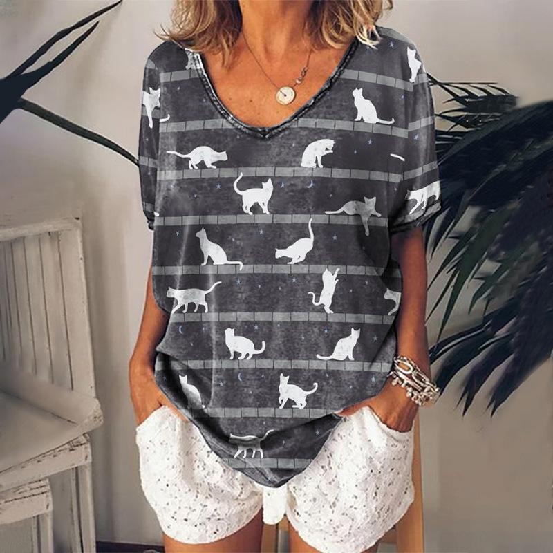 Women's Casual T-shirt Top New V-neck T-shirt Loose Short Sleeved 3D Digital Printed Cat Pattern T-shirt