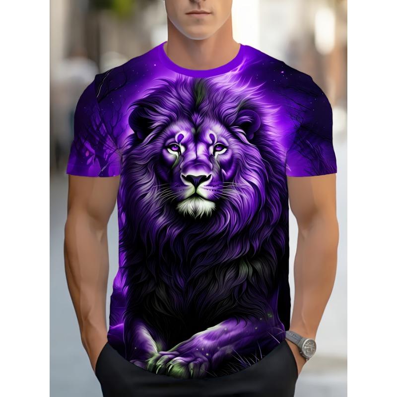 3D Majestic Lion Printed T-Shirt for Men Cool Animal Portrait Short Sleeve Tees Trendy Casual Round Neck Summer Pullover Dark Red Streetwear Tops