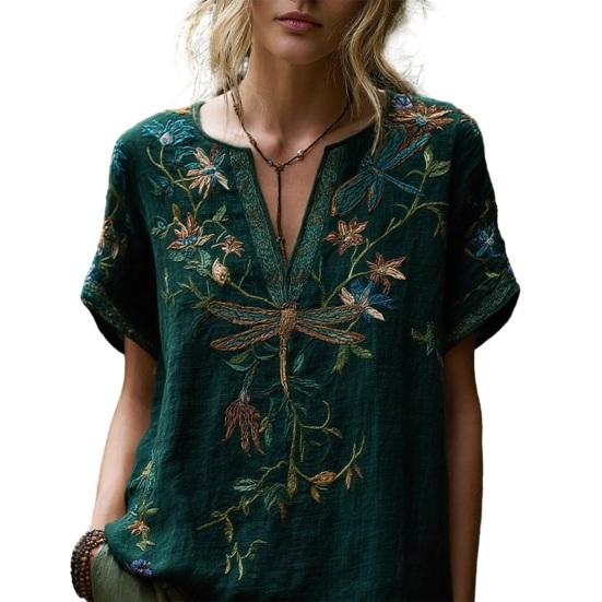

Женская рубашка с V-образным вырезом, коротким рукавом, однотонная, свободного кроя, пуловер, топ с вышивкой в виде цветочного узора, летний топ, для повседневной носки S