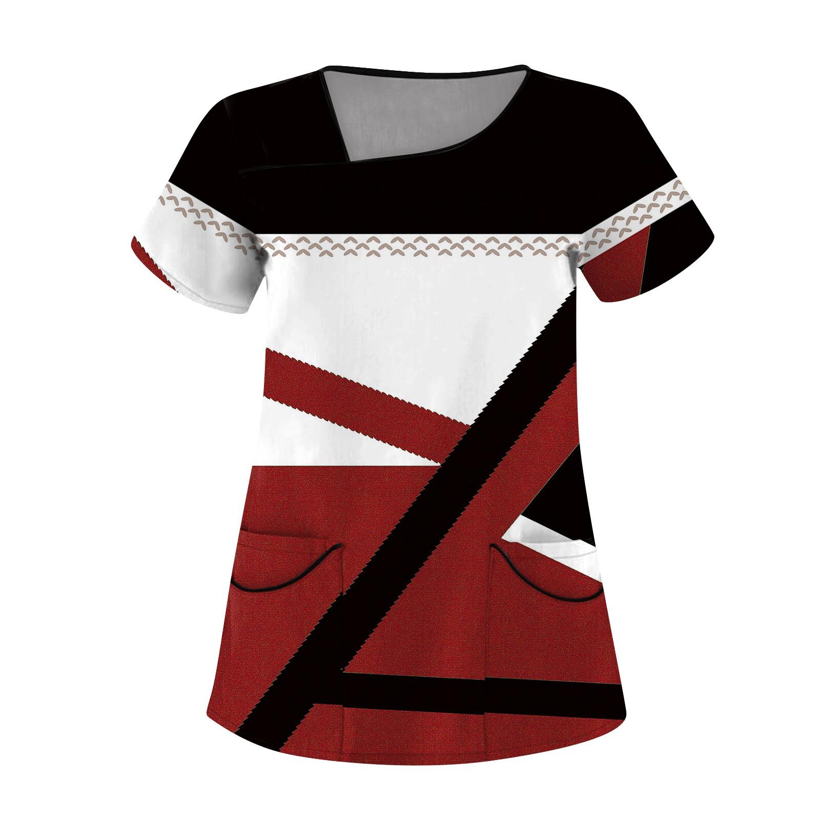 

Женский повседневный топ с геометрическим принтом, короткими рукавами, наклонным воротником и двойными карманами XXL