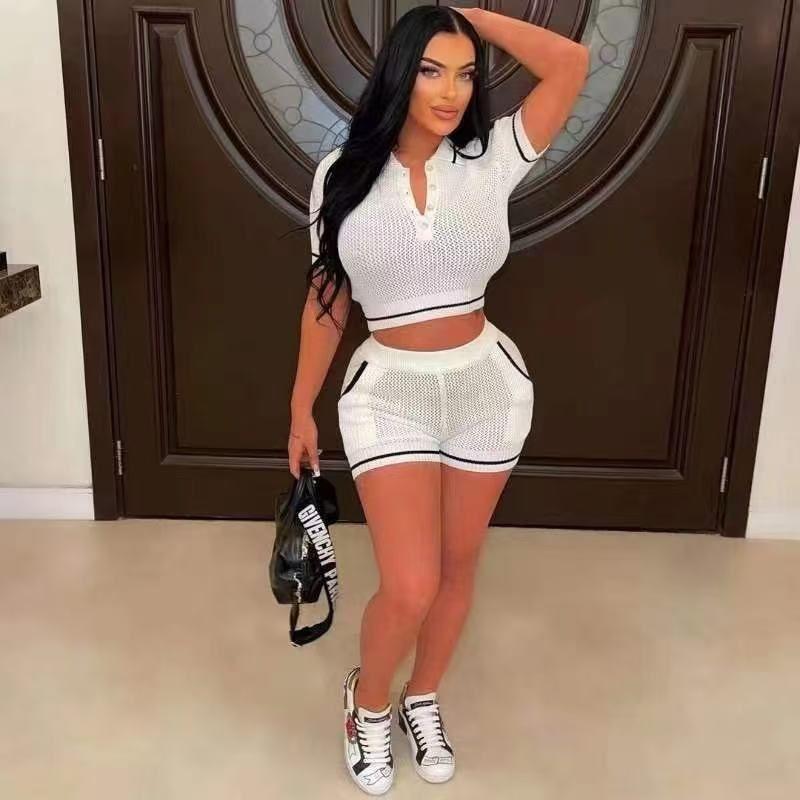 Western Style Fashion Casual Loose Knit Lapel Short sleeve Top Shorts Set Top and Shorts Set