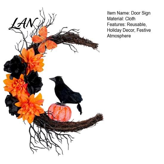 Fabric Wall Hanging Decor Halloween Door Sign, Artificial Floral Branch Crow Moon Hanger with Themed Event Decorations Bird, Spooky Window Yard