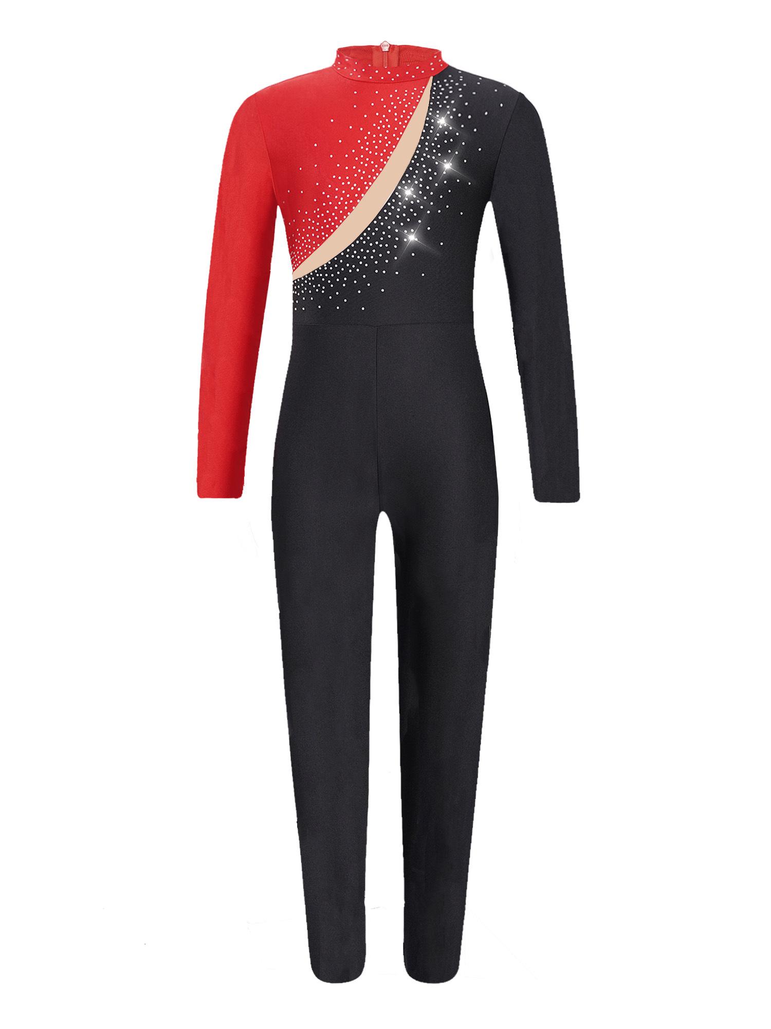 

Детский спортивный костюм для гимнастики для девочек, трико, комбинезон с длинными рукавами и блестящими стразами контрастного цвета, комбинезон для катания на коньках 5-6 Years красный