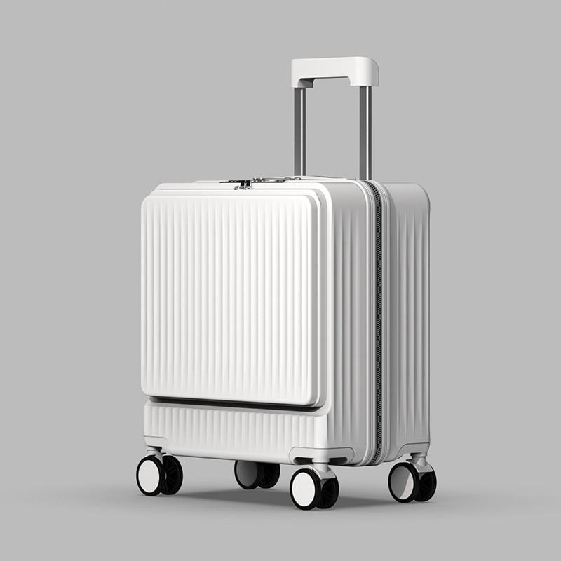 18" Silent Aluminum Frame Leather Carry-On Suitcase with Front Opening and Combo Lock for Men & Women.