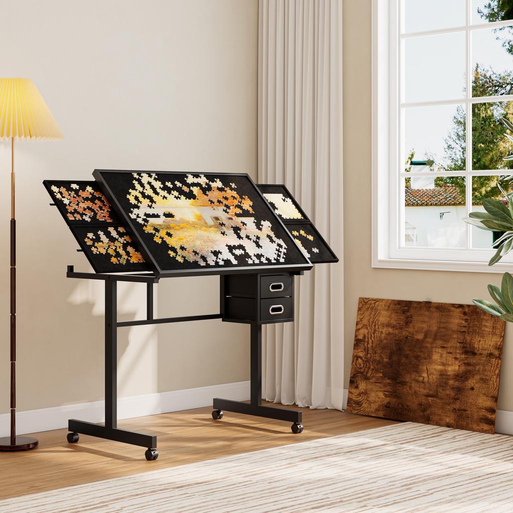 1000 Pieces Jigsaw Puzzle Metal Table Board for Adults Gift with 4 Trays and 2 Drawers