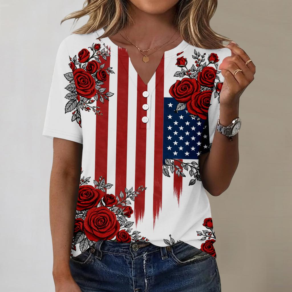 Women's fashionable casual short-sleeved Independence Day print V-neck top