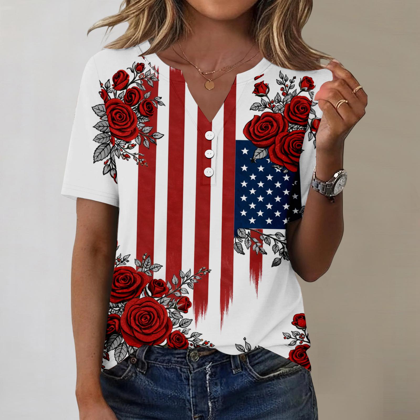 

Women s fashionable casual short-sleeved Independence Day print V-neck top L синий