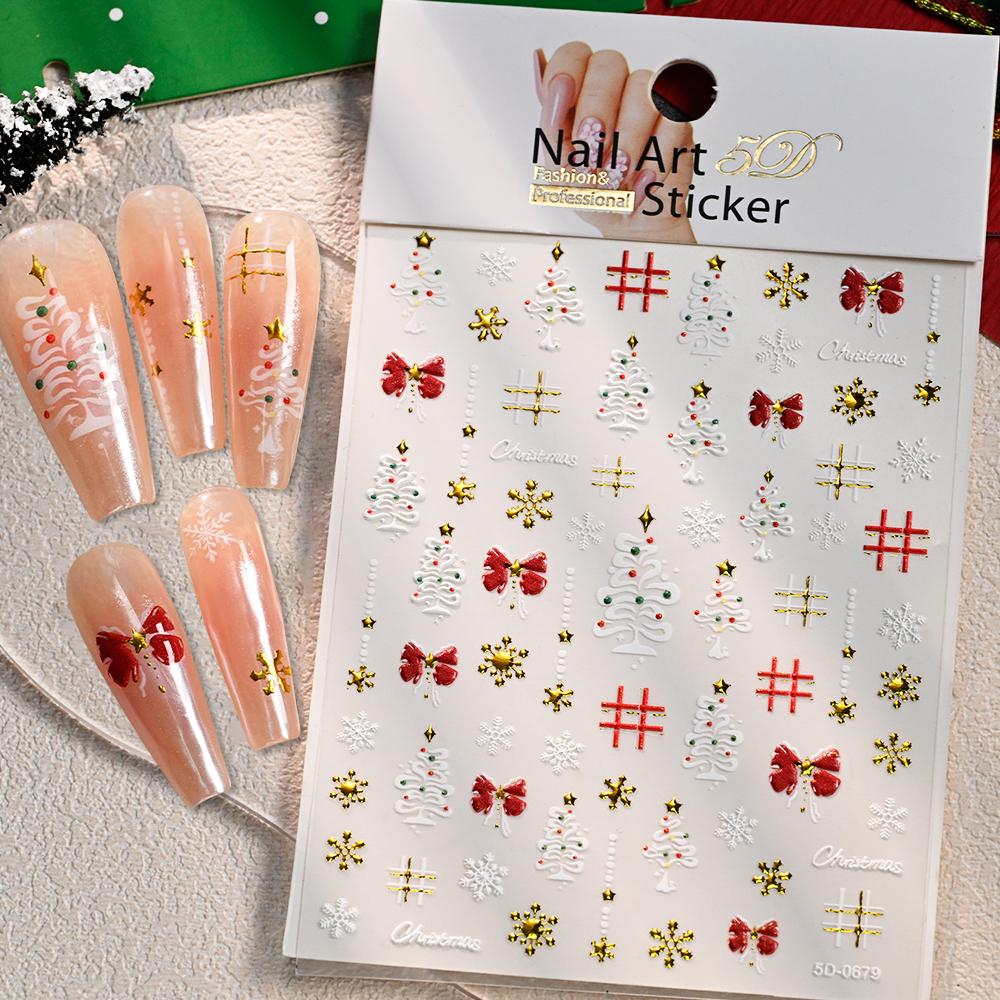 1PC 3D Luminous Colorful Light Christmas Nail Stickers Green Pine Branch/Red Bauble Star Nail Decals Adhesive Holiday Nail Decor