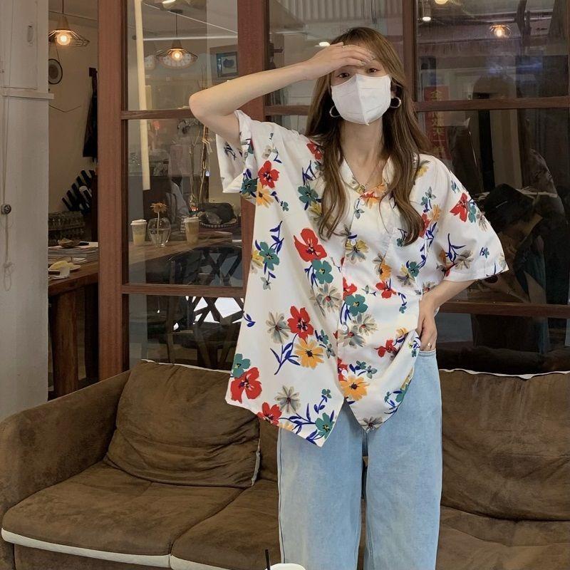 Retro Printed Women's Short Sleeved Shirts Loose Fashionable Versatile Bloues Korean Minimalist Ladies Clothing