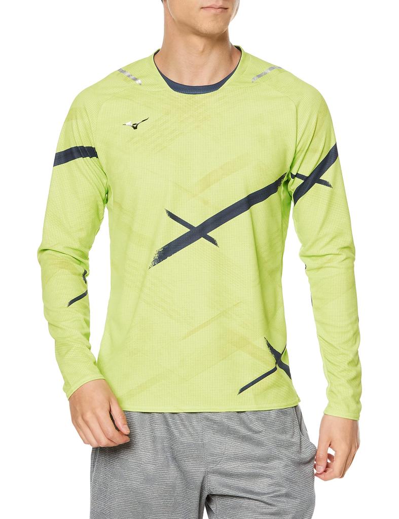 Mizuno Dry Aeroflow Training Wear, Long Sleeve T-Shirt, Synergy Design, Player-Linked Print, Highly Breathable, Sports, 32MA2031, Neolime, XL