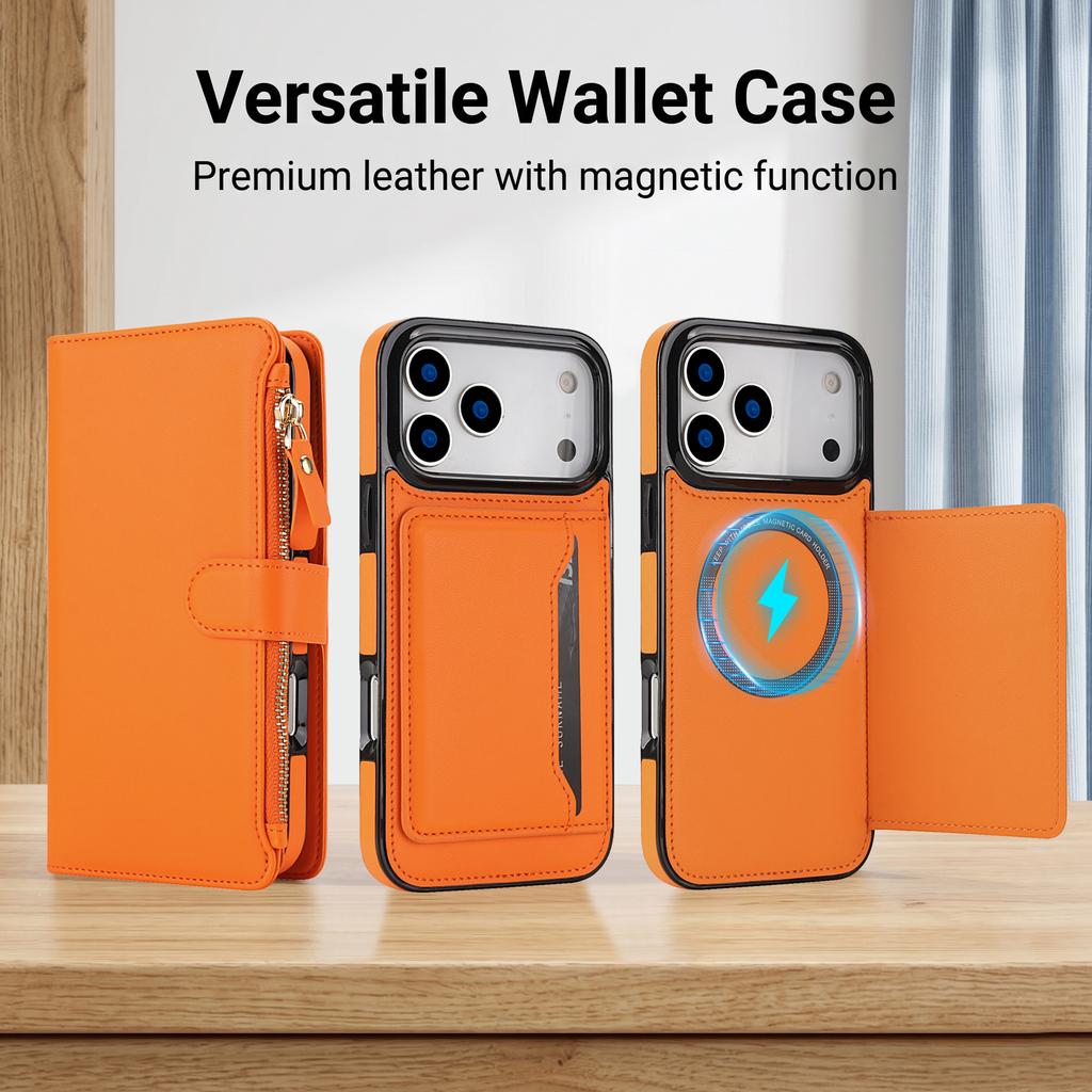 Custodia in Pelle a Portafoglio con Laccio Lungo da Collo e Slot per Carte per iPhone 17 Pro Max 16 15 14 13 12 11 Antiurto Per Cover Magsafe