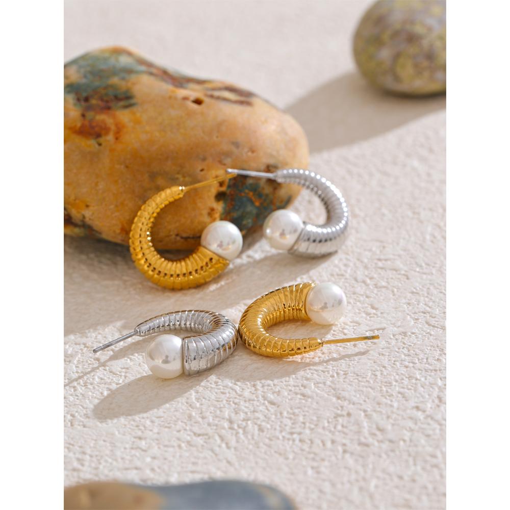 Yhpup Stylish Unique Stainless Steel Pearls C-Shape Geometric Huggie Earrings Gold Silver Color Popular Jewelry Prevent Allergy