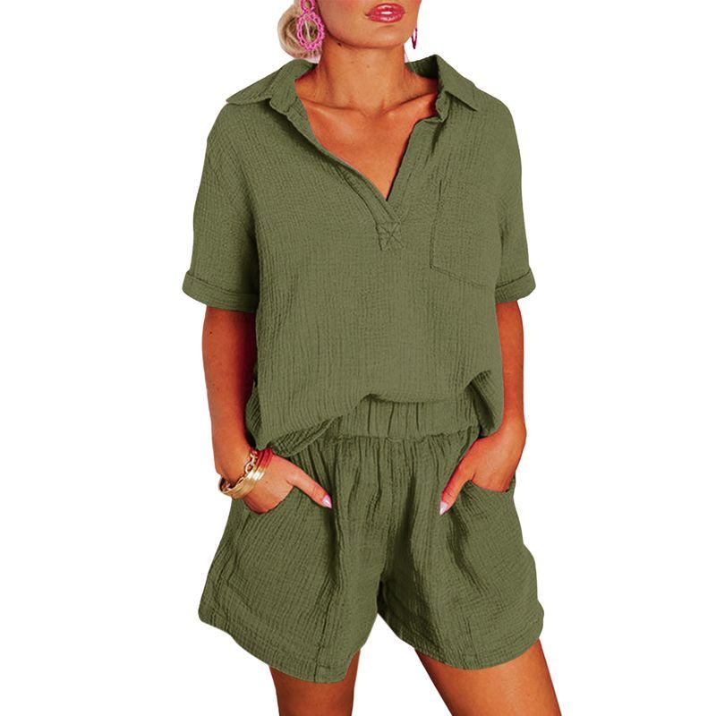 

US Shiying Solid Sports Style Fashion Set Women 2025 Summer New Short sleeve Shorts Two-piece Set Women Green 2 Size XL Fit (75.00 kg-82.50 kg