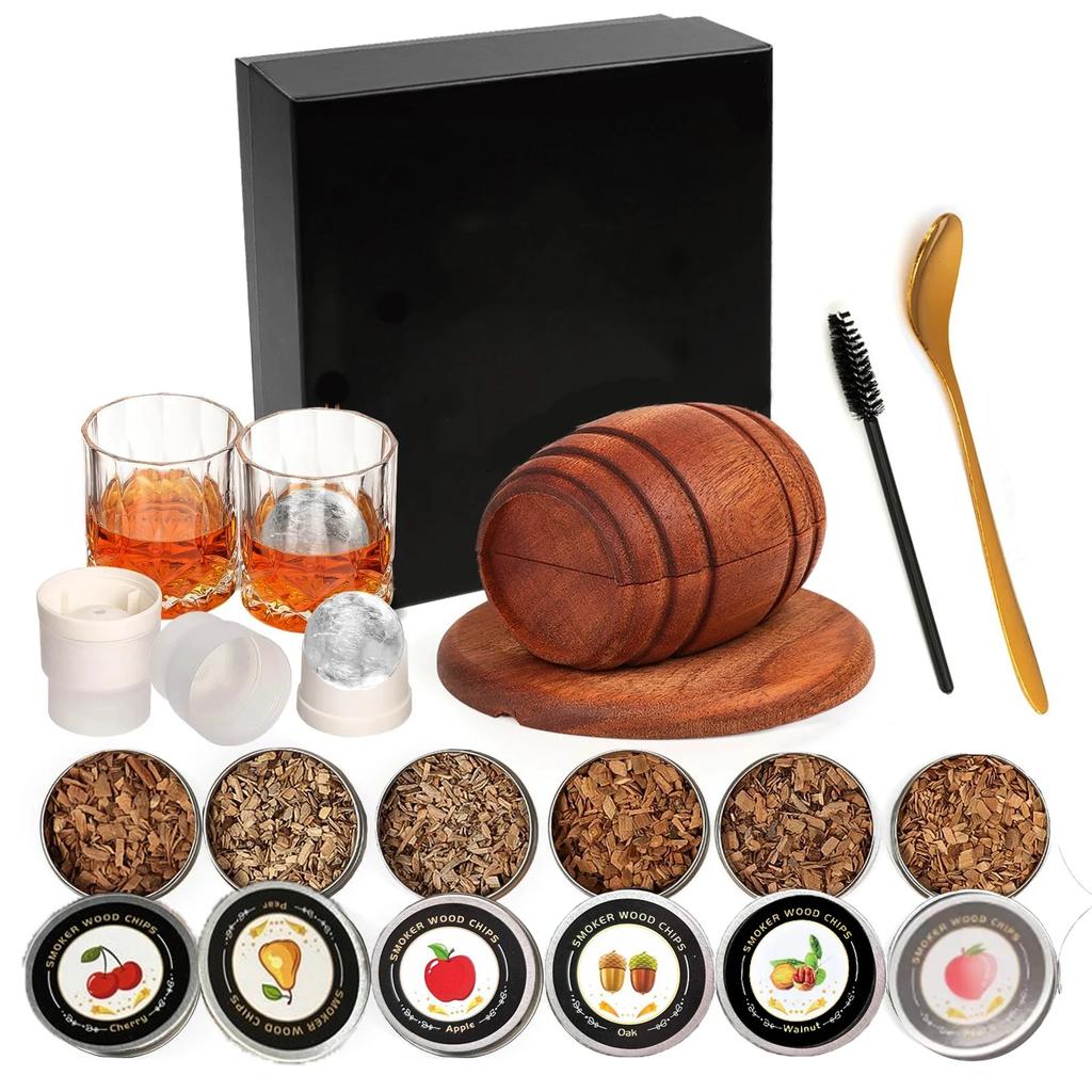 Zestaw do wędzenia whiskey z wiórkami drewna - 6 smaków, Infuzer do wędzenia drinków Old Fashioned, na koktajle, urodziny, bourbon, na prezenty