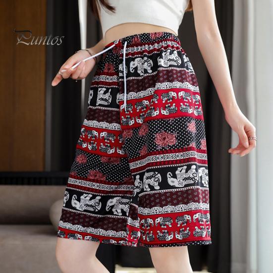 Women Summer Shorts Thiland Elephant Print Drawstring Elastic Waist Loose Soft Breathable Vacation Beach Travel Knee Length Shorts Homewear Pajamas
