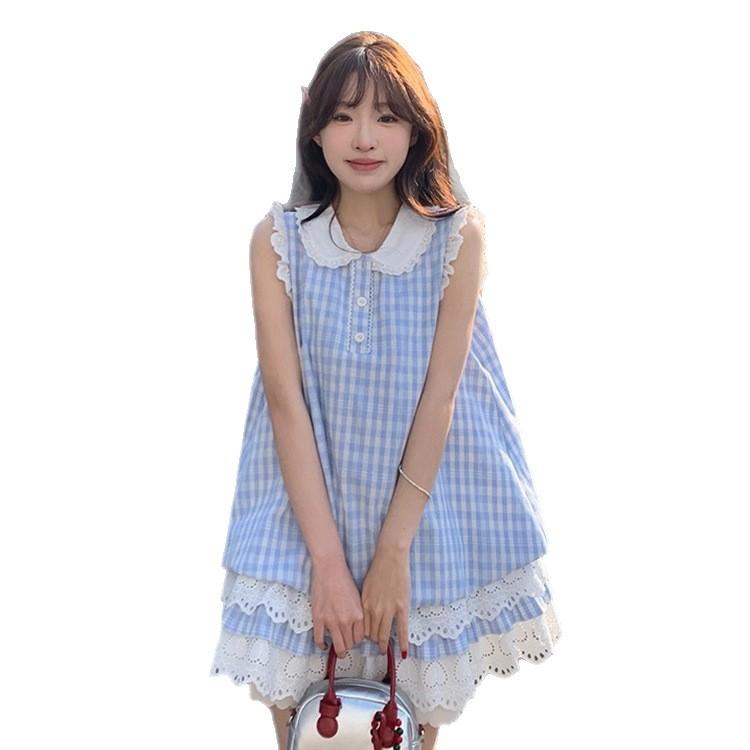 Japanese Sweet and Fresh College Style Plaid Lace Vest Splicing Dress Small Sleeveless Blue Plaid Skirt