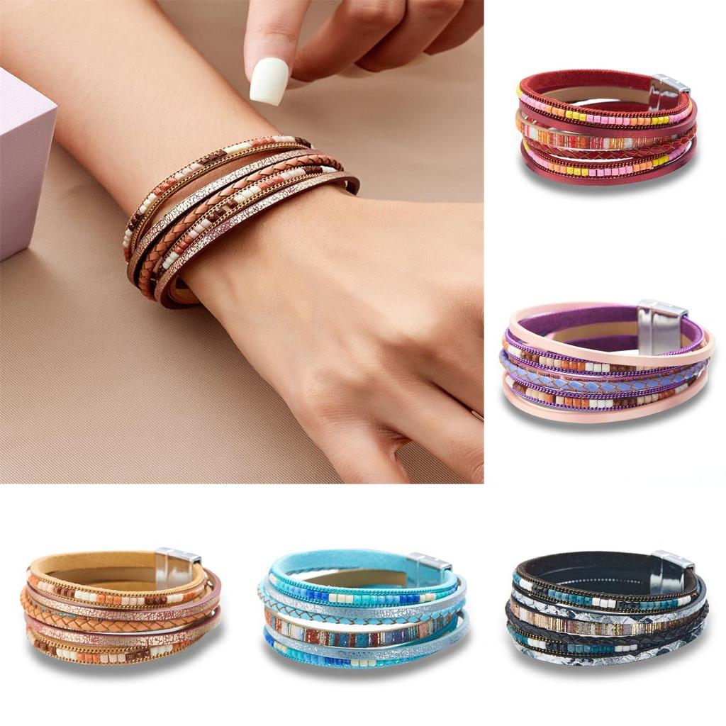 Bohemian Woven Leather Wristband With Alloy Accents For Casual Accessory