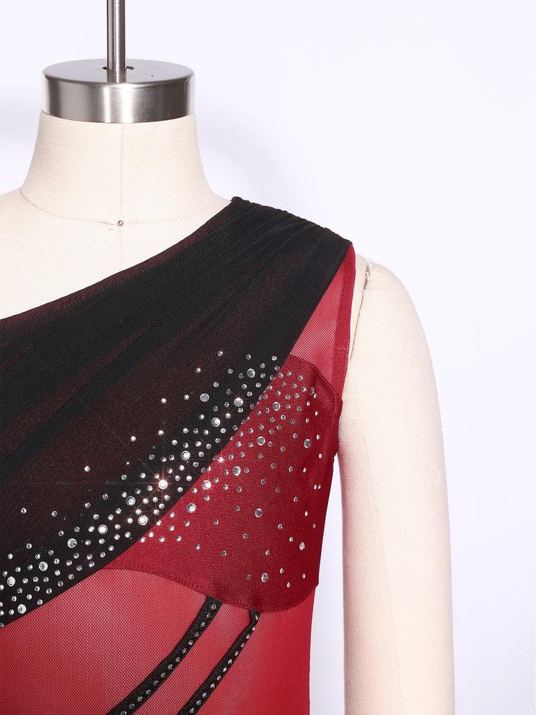Girls Color Block Dance Jumpsuit Glittery Rhinestones Mesh Ruched Overlay Asymmetrical Bell Bottom Bodysuit