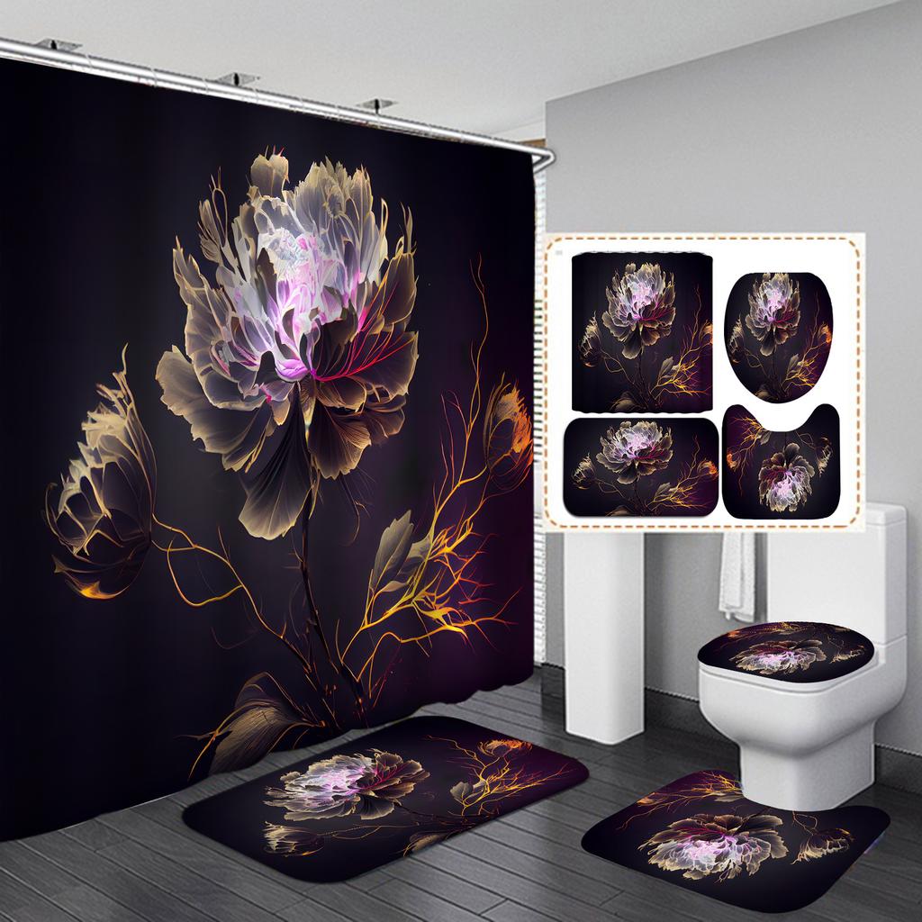 4Pcs Painted Floral Shower Curtain Set with Non-Slip Bath Mat, Toilet Lid Cover, Contour Rug & 12 Hooks, Bathroom Decor