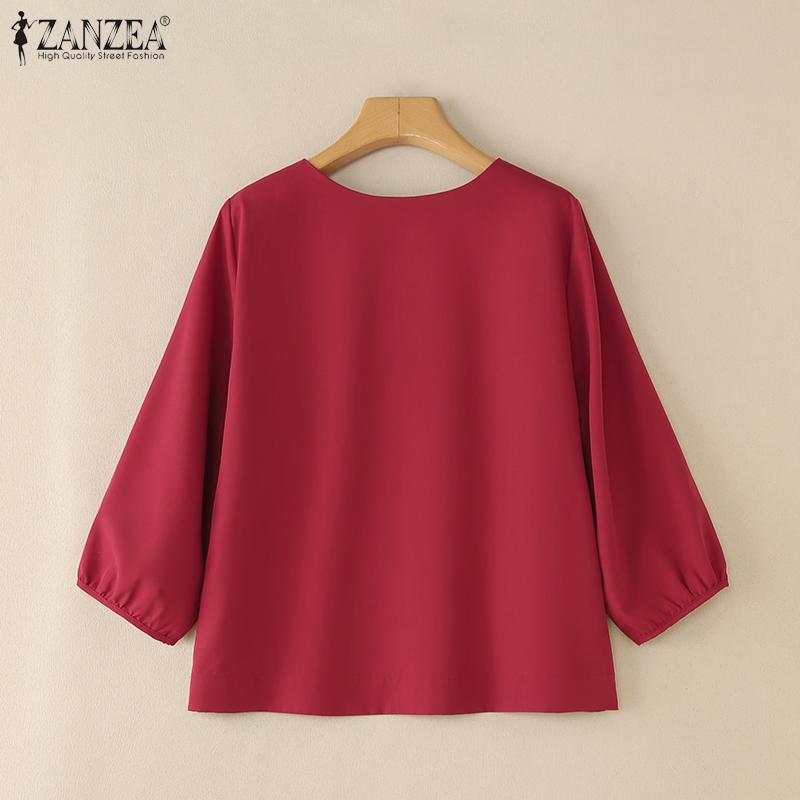 ZANZEA Women Casual Round Neck Solid Color 3/4 Sleeve Blouse