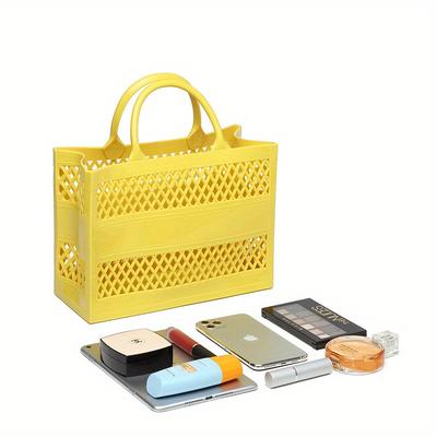 1pc Multi-Purpose Plastic Storage Basket with Handle, Hollow Design, Large Capacity Organizer for Bathroom, Kitchen, and Home Use