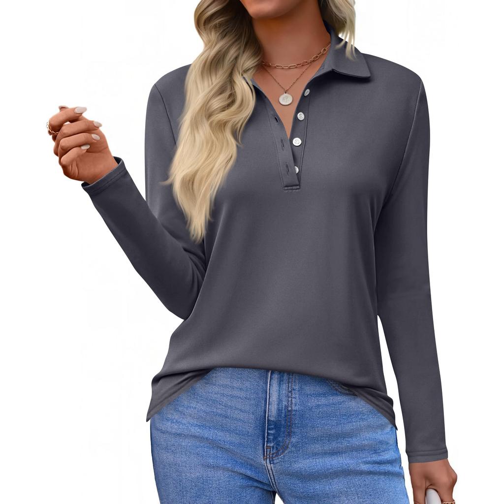 Women's Fashion Casual Lapel Short Long Sleeve Solid Color Shirt Women's Button Up Tops