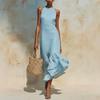 European and American French holiday style round neck sleeveless lotus leaf hem cotton and linen blend medium and long dress