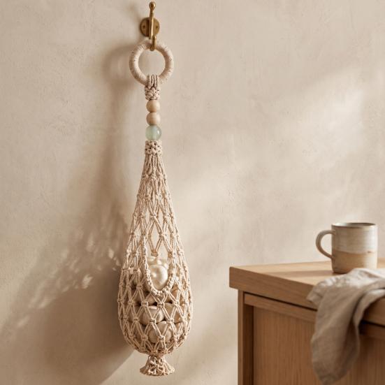 Onion And Potato Storage Keeper Handwoven Cotton Rope Mesh Bag, Wall-Mounted Bohemian Style Organizer, Kitchen Countertop Space Saver Breathable