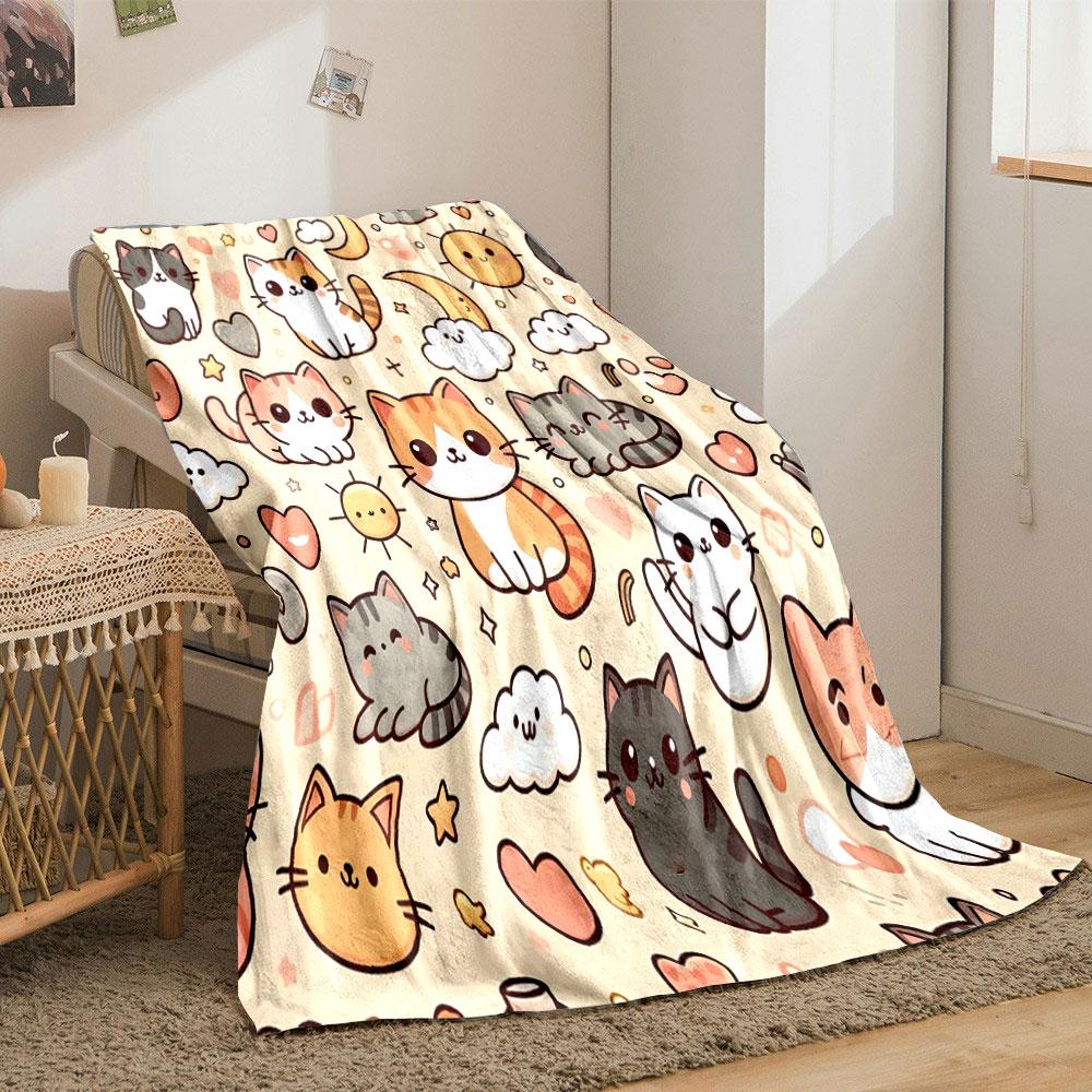 Cute Cartoon Cats and Suns Pattern Print Blanket Soft and Cozy Perfect for the Living Room Bed Sofa or a Nap,gift