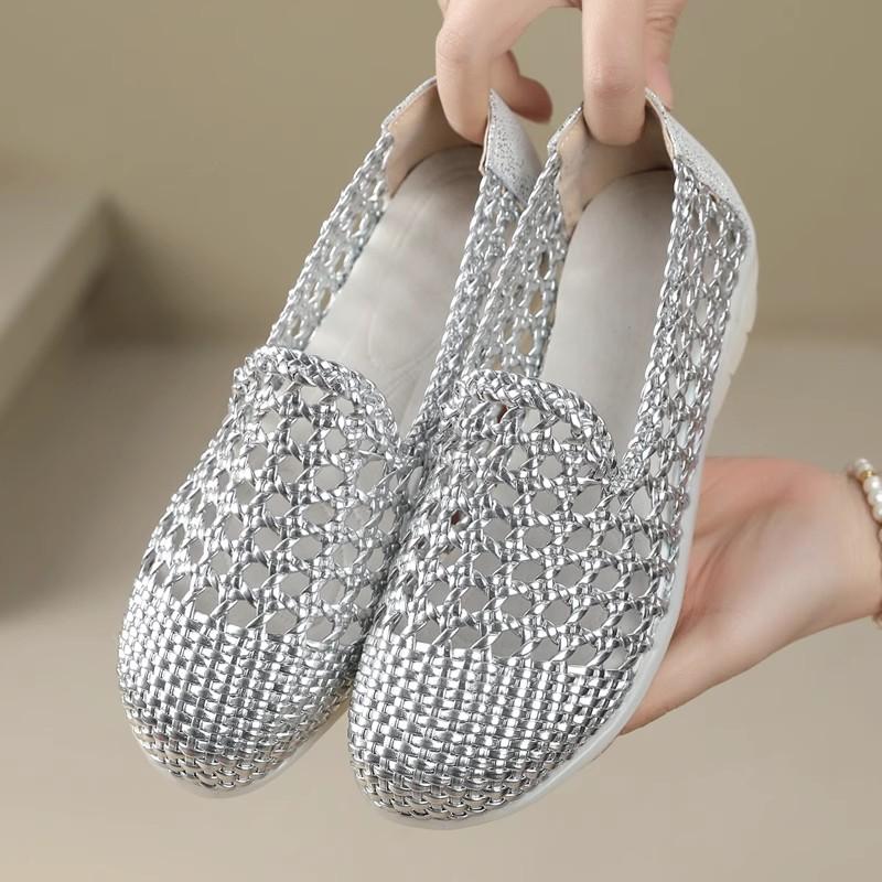 Fashion 2025 Summer Hollow Woven Breathable Shoes Women Sandals Big Size Round Toe Genuine Leather Shoes Summer Flat Casual Sandals