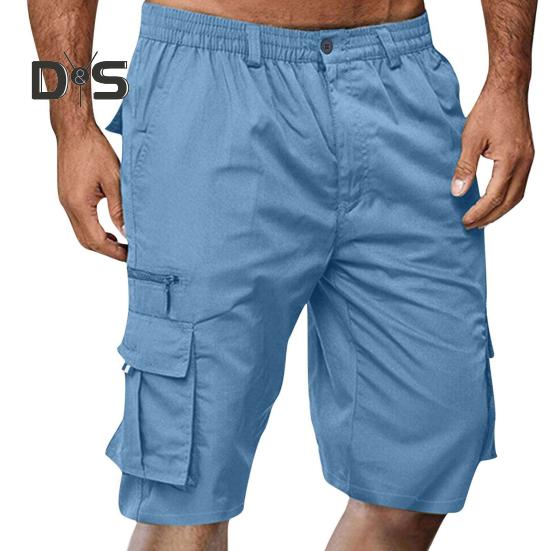 

Мужские шорты с эластичным поясом, средней посадкой, однотонные шорты с множеством карманов, широкие летние пляжные шорты S небесно-голубой