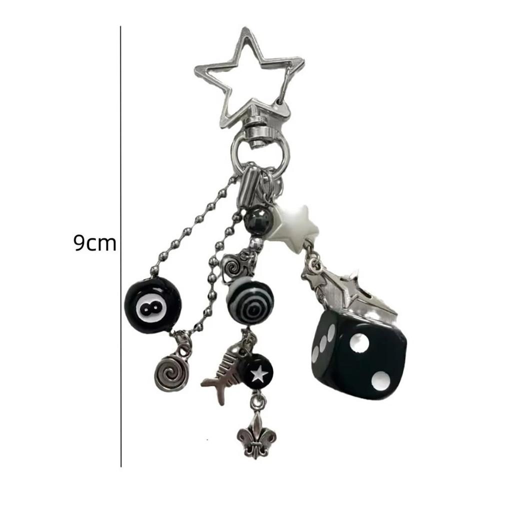Handmade cluttered rockstar gf edgy black black & white dice keychains grunge, deftones, beaded jewelry, bag pendant, emo, ,