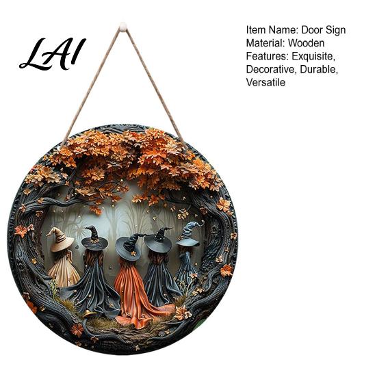 Unique House Warming Gift Halloween Round Wooden Hanging Door Sign with 5 Witches Decorative Outdoor Garden Plaque Wall for Home Front Porch