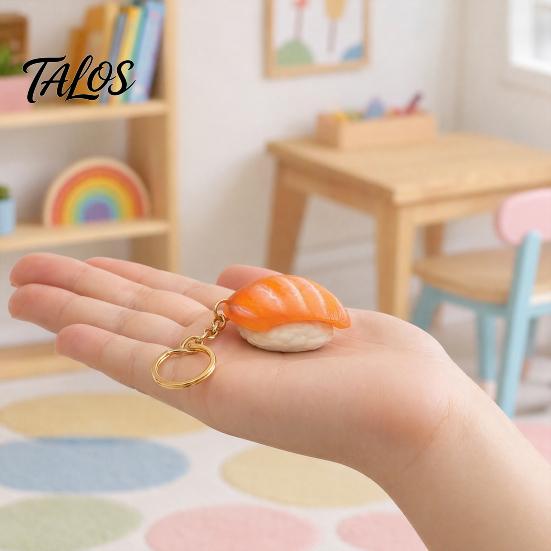 Portable Stress Reliever Keychain Pendant, Simulated Salmon Sushi Relief Toy with Hanging Healing Pendant Charm Chain, 3D Printed Food Ornament