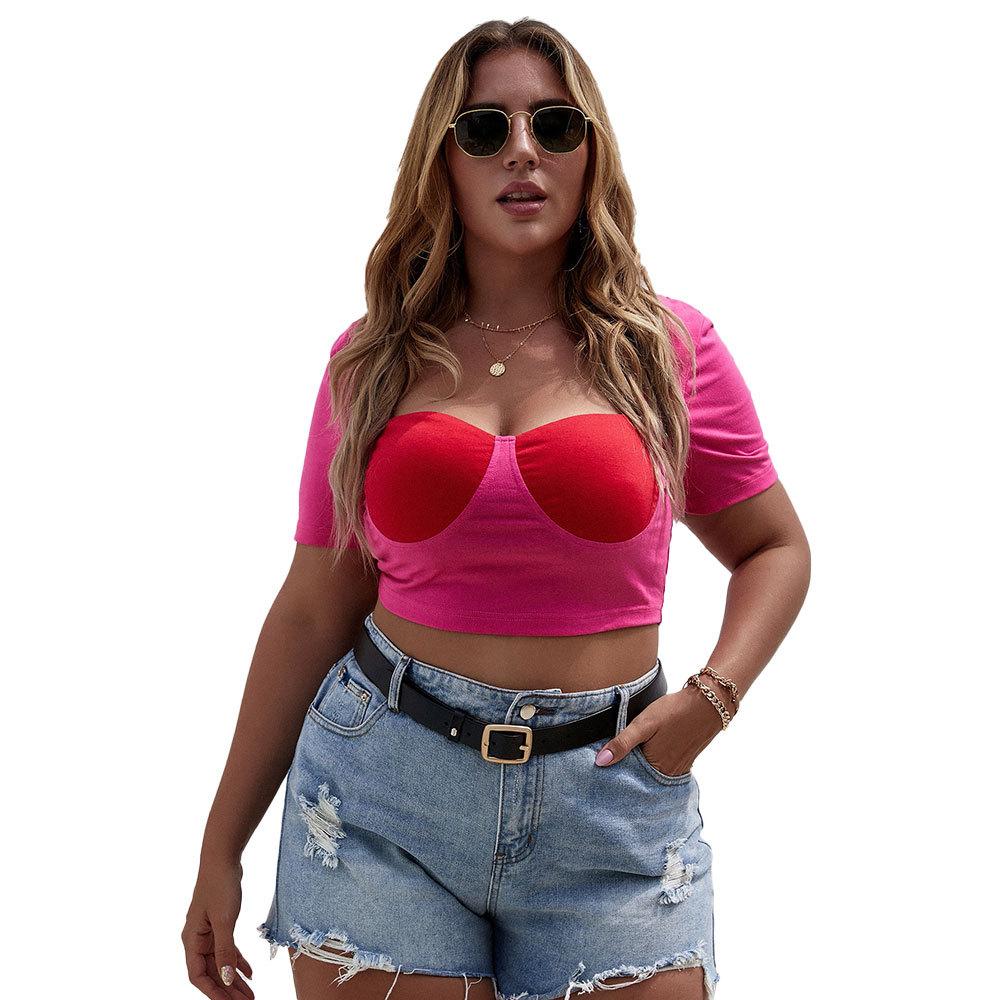 European and American Large-size Women's Clothing New Short Square Collar Slim-fitting Short-sleeved Contrasting T-shirt Top