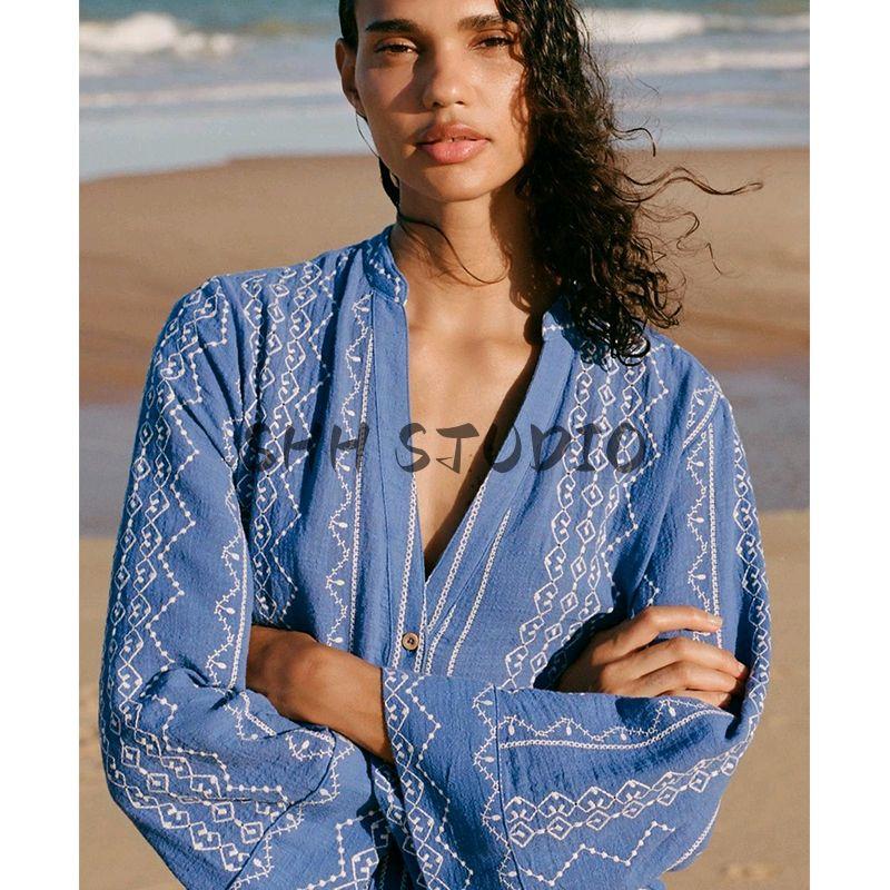 Spring and Summer New Women's Clothing Vacation Style Decorated Row Button Contrast Color Embroidered V-neck Long Sleeves Casual Shirt 8351042