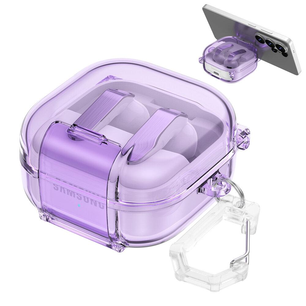 KEYSION HD Transparent Earphone Case for Samsung Galaxy Buds 4 4 Pro Hard PC Shockproof Headphone Cover With Phone Stand Hook