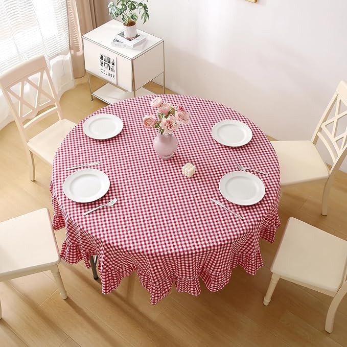 Red Plaid Ruffled Tassel Table Cloth Round Cover, Farmhouse Checker Gingham Vintage for Coffee Tea, Dining Home Table Decor