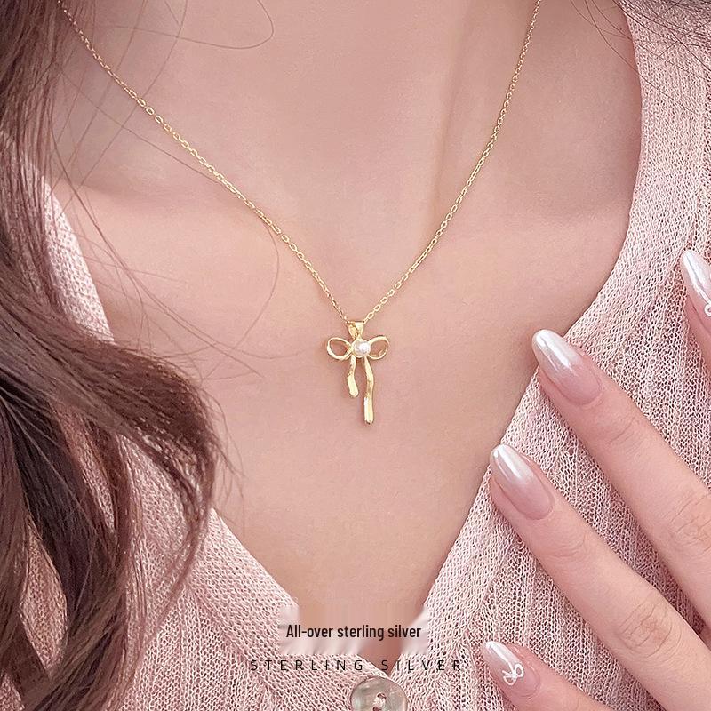 Cui Yan S925 Sterling Silver Korean Bow Pearl Necklace - 2025 Trendy Sweet Clavicle Chain for Women
