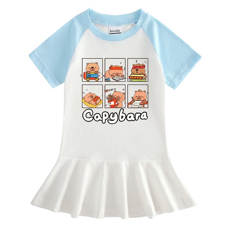 Girls' Summer Cartoon Pleated Ruffle Dress with Raglan Short Sleeves