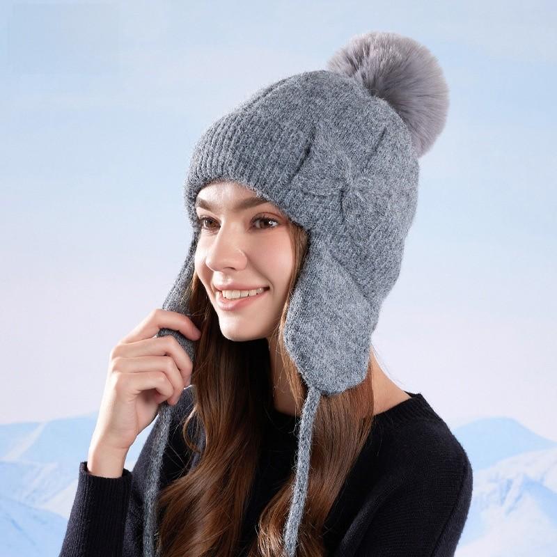 Women Knitted Warm Winter Hat With Bow For Outdoor Sports And Commuting