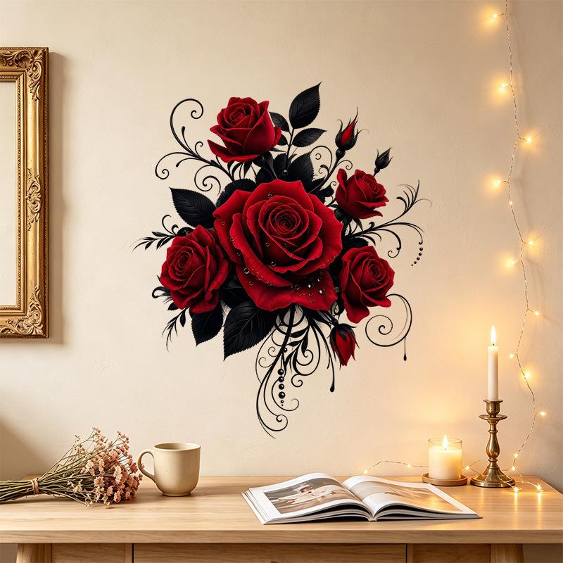 Valentine Rose Black Leaf Wall Sticker Self Adhesive Removable Sweet Flower Decal Shop Display Home Decor
