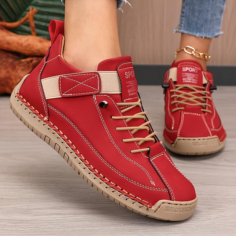 [Red Microfiber Sneakers] Vibrant Red Women's Microfiber Lace-Up Casual Sneakers | Low-Top Sporty Design, Breathable Fabric Lining