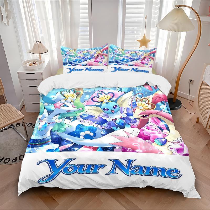 Magical Eeveelutions Custom Name Bedding Set Personalized Washable Custom 3Pcs Duvet Cover Pillowcases Soft Microfiber Home Bedroom Gift